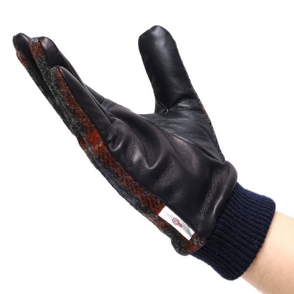  手袋 ハリスツイード メンズ ブランド 革 タッチパネル対応 カシミヤ 100％ カシミア 裏地 リブ グローブ ブルー ネイビー 青色 Harris Tweed チェック 柄 導電 本革 イタリーラム 羊革 英国 生地 日本製 KURODA(クロダ)