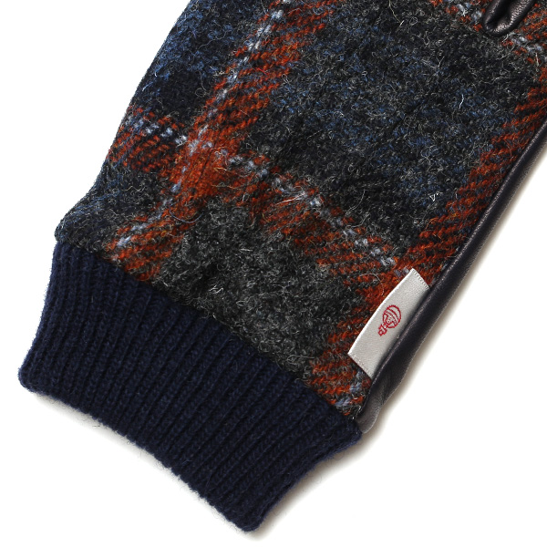  手袋 ハリスツイード メンズ ブランド 革 タッチパネル対応 カシミヤ 100％ カシミア 裏地 リブ グローブ ブルー ネイビー 青色 Harris Tweed チェック 柄 導電 本革 イタリーラム 羊革 英国 生地 日本製 KURODA(クロダ)