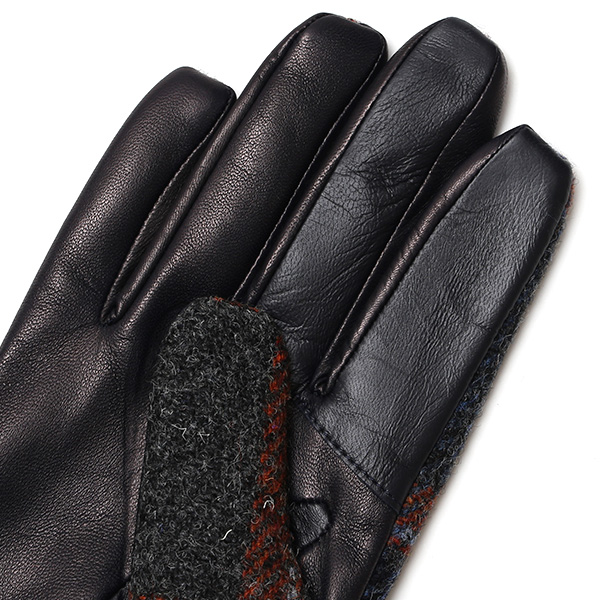  手袋 ハリスツイード メンズ ブランド 革 タッチパネル対応 カシミヤ 100％ カシミア 裏地 リブ グローブ ブルー ネイビー 青色 Harris Tweed チェック 柄 導電 本革 イタリーラム 羊革 英国 生地 日本製 KURODA(クロダ)