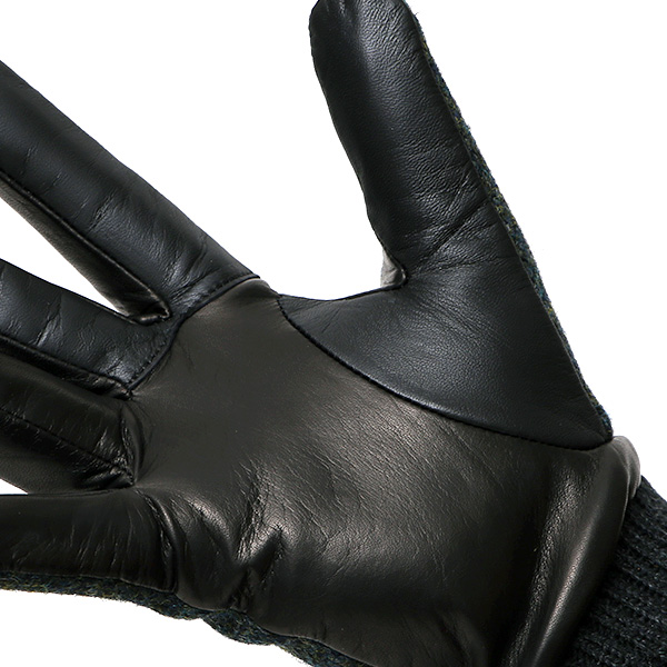  手袋 ハリスツイード メンズ ブランド 革 タッチパネル対応 カシミヤ 100％ カシミア 裏地 リブ グローブ グリーン 緑色 Harris Tweed チェック 柄 導電 本革 イタリーラム 羊革 英国 生地 日本製 KURODA(クロダ)