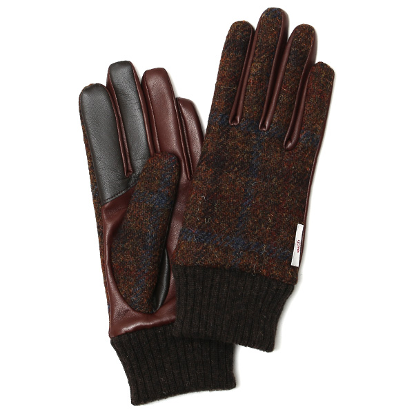 KURODA(クロダ) ハリスツイード リブ付き 羊革 レディース 手袋 ブラウン/チェック