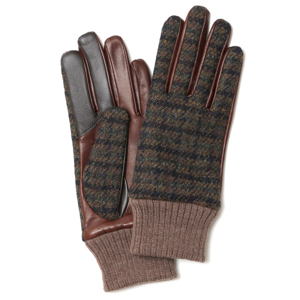 KURODA(クロダ) ハリスツイード リブ付き 羊革 レディース 手袋 ブラウン/チェックB