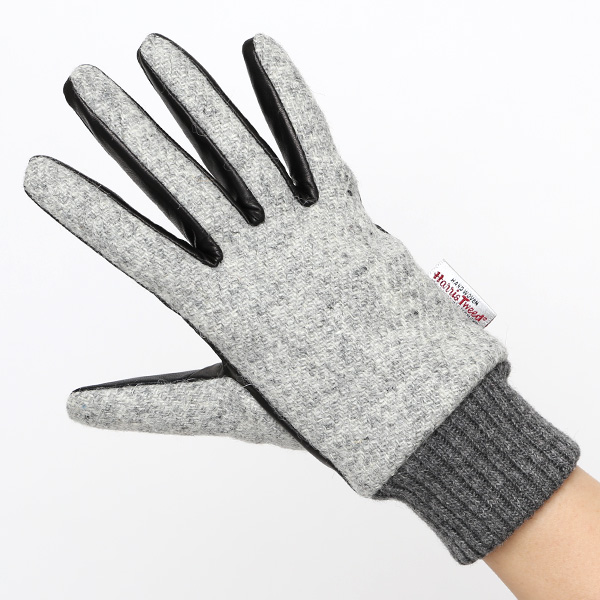  ハリスツイード 手袋 レディース スマホ カシミヤ 日本製 リブ付き グローブ 本革 イタリーラム 革 ライトグレー グレー グレイ 灰色 Harris Tweed 女性 カシミア 皮 グローブ 彼女 妻 冬 プレゼント ブランド 国産 KURODA(クロダ)