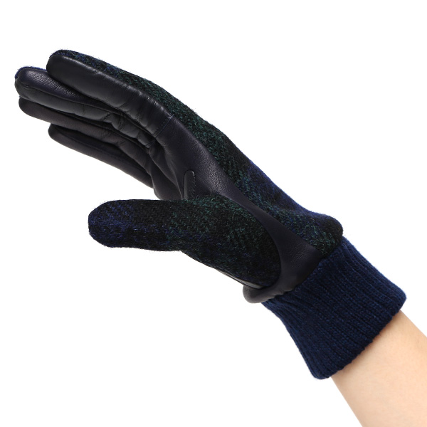  ハリスツイード 手袋 レディース スマホ カシミヤ 日本製 リブ付き グローブ 本革 イタリーラム 革 ブルー ネイビー 青色 Harris Tweed 女性 カシミア 皮 グローブ 彼女 妻 冬 プレゼント ブランド 国産 KURODA(クロダ)