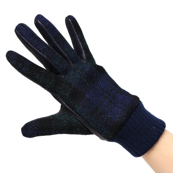  ハリスツイード 手袋 レディース スマホ カシミヤ 日本製 リブ付き グローブ 本革 イタリーラム 革 ブルー ネイビー 青色 Harris Tweed 女性 カシミア 皮 グローブ 彼女 妻 冬 プレゼント ブランド 国産 KURODA(クロダ)