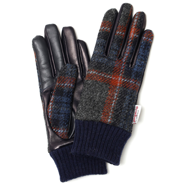 KURODA(クロダ) ハリスツイード リブ付き 羊革 レディース 手袋 ネイビー/チェック