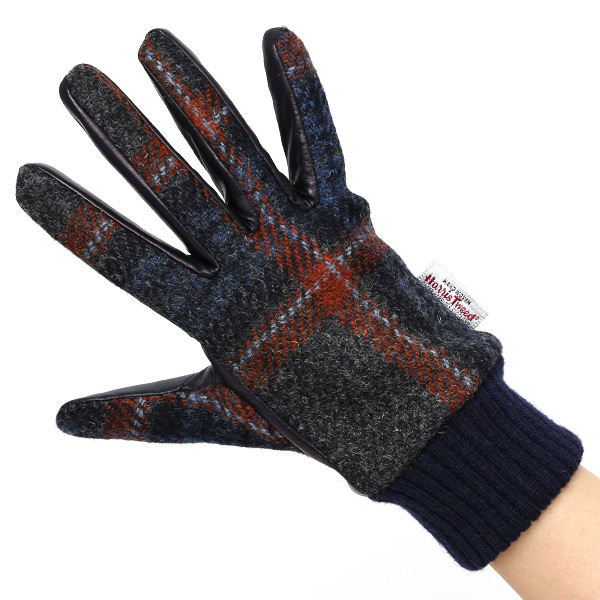  ハリスツイード 手袋 レディース スマホ カシミヤ 日本製 リブ付き グローブ 本革 イタリーラム 革 ブルー ネイビー 青色 Harris Tweed 女性 カシミア 皮 グローブ 彼女 妻 冬 プレゼント ブランド 国産 KURODA(クロダ)
