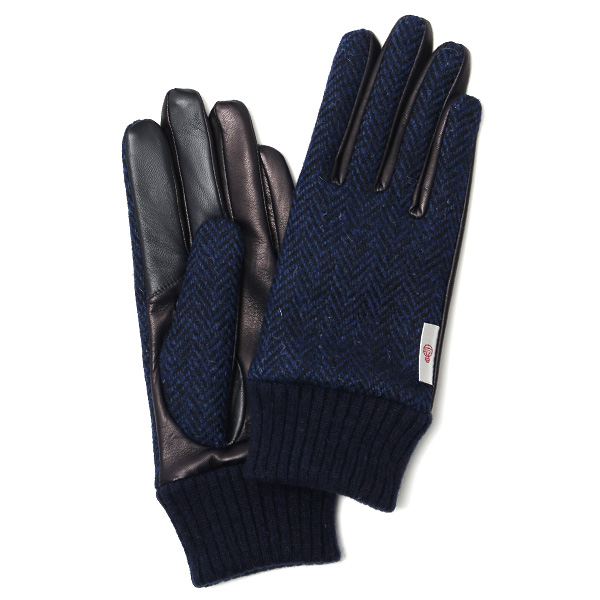 KURODA(クロダ) ハリスツイード リブ付き 羊革 レディース 手袋 ネイビー/ヘリンボーン