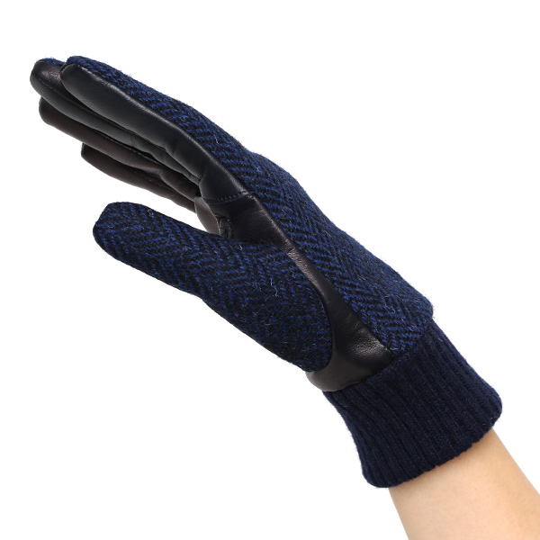  ハリスツイード 手袋 レディース スマホ カシミヤ 日本製 リブ付き グローブ 本革 イタリーラム 革 ブルー ネイビー 青色 Harris Tweed 女性 カシミア 皮 グローブ 彼女 妻 冬 プレゼント ブランド 国産 KURODA(クロダ)