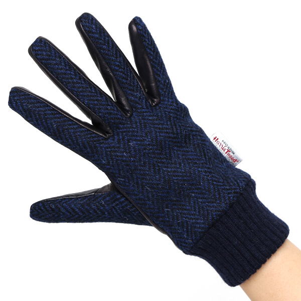  ハリスツイード 手袋 レディース スマホ カシミヤ 日本製 リブ付き グローブ 本革 イタリーラム 革 ブルー ネイビー 青色 Harris Tweed 女性 カシミア 皮 グローブ 彼女 妻 冬 プレゼント ブランド 国産 KURODA(クロダ)