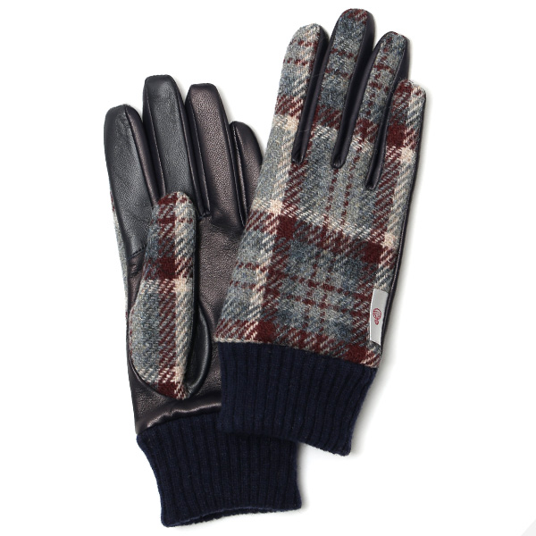 KURODA(クロダ) ハリスツイード リブ付き 羊革 レディース 手袋 ライトブルー/チェック