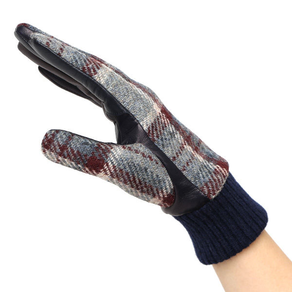  ハリスツイード 手袋 レディース スマホ カシミヤ 日本製 リブ付き グローブ 本革 イタリーラム 革 ブルー ネイビー 青色 Harris Tweed 女性 カシミア 皮 グローブ 彼女 妻 冬 プレゼント ブランド 国産 KURODA(クロダ)