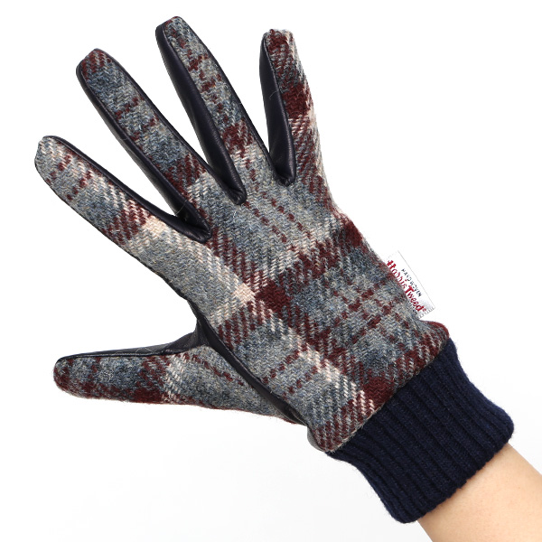  ハリスツイード 手袋 レディース スマホ カシミヤ 日本製 リブ付き グローブ 本革 イタリーラム 革 ブルー ネイビー 青色 Harris Tweed 女性 カシミア 皮 グローブ 彼女 妻 冬 プレゼント ブランド 国産 KURODA(クロダ)