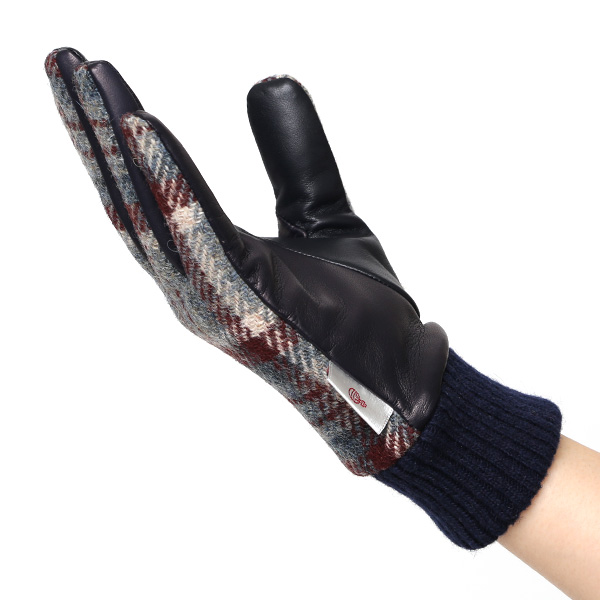  ハリスツイード 手袋 レディース スマホ カシミヤ 日本製 リブ付き グローブ 本革 イタリーラム 革 ブルー ネイビー 青色 Harris Tweed 女性 カシミア 皮 グローブ 彼女 妻 冬 プレゼント ブランド 国産 KURODA(クロダ)