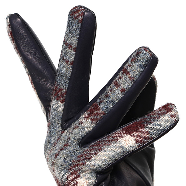  ハリスツイード 手袋 レディース スマホ カシミヤ 日本製 リブ付き グローブ 本革 イタリーラム 革 ブルー ネイビー 青色 Harris Tweed 女性 カシミア 皮 グローブ 彼女 妻 冬 プレゼント ブランド 国産 KURODA(クロダ)