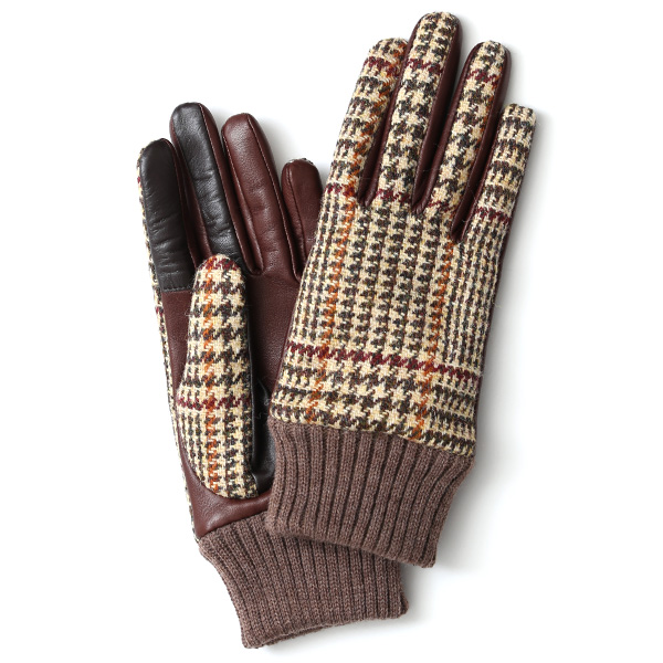 KURODA(クロダ) ハリスツイード リブ付き 羊革 レディース 手袋 ベージュ/千鳥