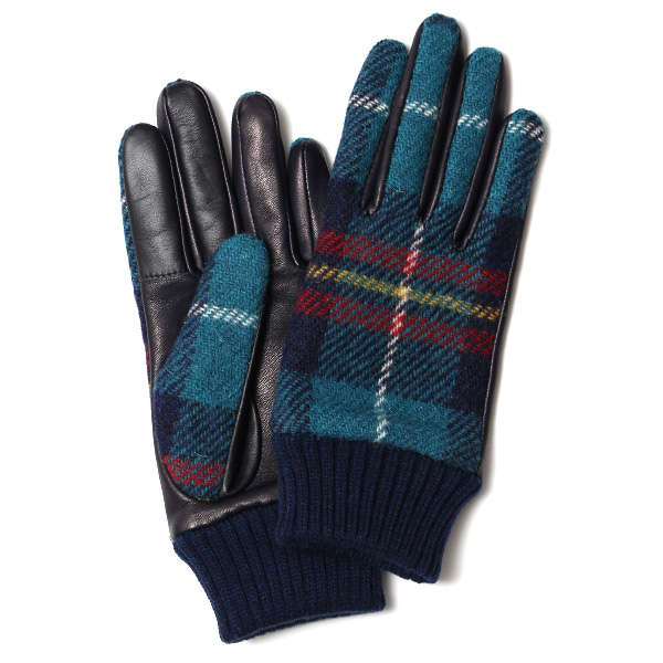 KURODA(クロダ) ハリスツイード リブ付き 羊革 レディース 手袋 エメラルドグリーン/チェック