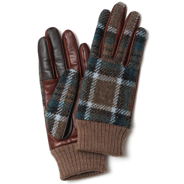 KURODA(クロダ) ハリスツイード リブ付き 羊革 レディース 手袋 カーキ/チェック