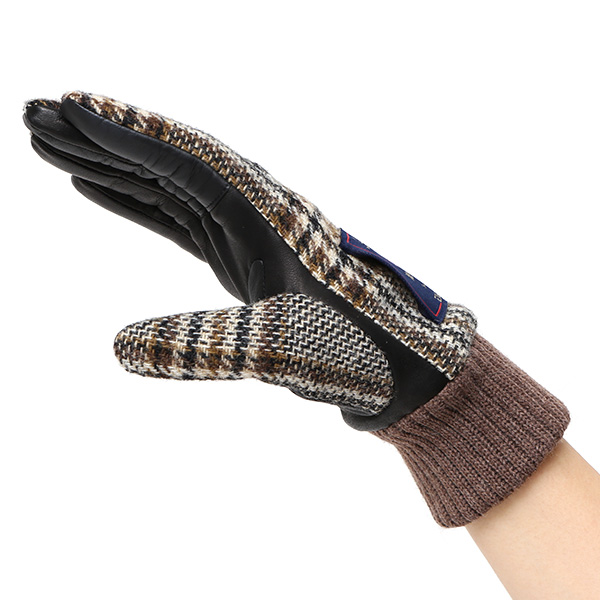  手袋 レディース スマホ ムーン MOON ツイード イタリアラム 羊革 カシミア裏地 暖かい 防寒 ブラウン 茶 茶色 女性 婦人 通勤 通学 カジュアル ビジネス リブ付き 革グローブ ブランド 日本製 KURODA(クロダ)