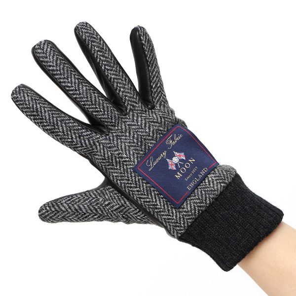  手袋 レディース スマホ ムーン MOON ツイード イタリアラム 羊革 カシミア裏地 暖かい 防寒 グレー グレイ 灰色 女性 婦人 通勤 通学 カジュアル ビジネス リブ付き 革グローブ ブランド 日本製 KURODA(クロダ)