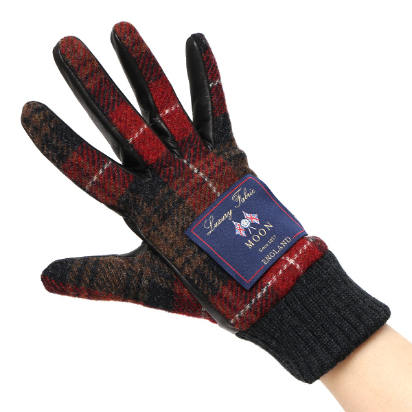  手袋 レディース スマホ ムーン MOON ツイード イタリアラム 羊革 カシミア裏地 暖かい 防寒 レッド ワイン 赤色 女性 婦人 通勤 通学 カジュアル ビジネス リブ付き 革グローブ ブランド 日本製 KURODA(クロダ)