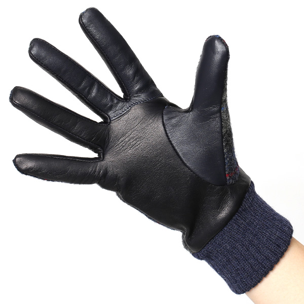  手袋 レディース スマホ ムーン MOON ツイード イタリアラム 羊革 カシミア裏地 暖かい 防寒 ブルー ネイビー 青色 女性 婦人 通勤 通学 カジュアル ビジネス リブ付き 革グローブ ブランド 日本製 KURODA(クロダ)