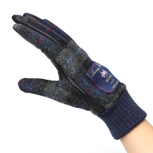  手袋 レディース スマホ ムーン MOON ツイード イタリアラム 羊革 カシミア裏地 暖かい 防寒 ブルー ネイビー 青色 女性 婦人 通勤 通学 カジュアル ビジネス リブ付き 革グローブ ブランド 日本製 KURODA(クロダ)