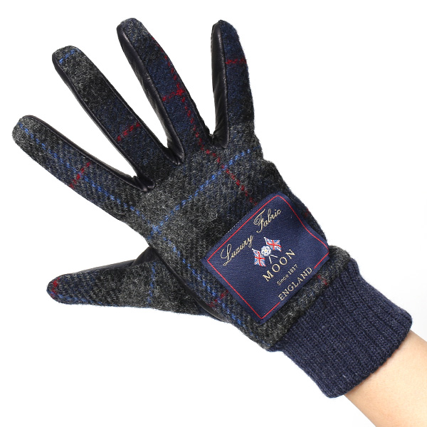  手袋 レディース スマホ ムーン MOON ツイード イタリアラム 羊革 カシミア裏地 暖かい 防寒 ブルー ネイビー 青色 女性 婦人 通勤 通学 カジュアル ビジネス リブ付き 革グローブ ブランド 日本製 KURODA(クロダ)