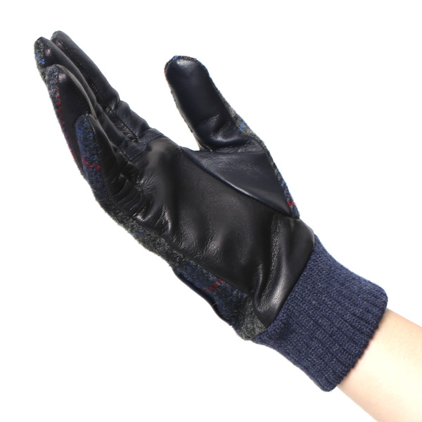  手袋 レディース スマホ ムーン MOON ツイード イタリアラム 羊革 カシミア裏地 暖かい 防寒 ブルー ネイビー 青色 女性 婦人 通勤 通学 カジュアル ビジネス リブ付き 革グローブ ブランド 日本製 KURODA(クロダ)