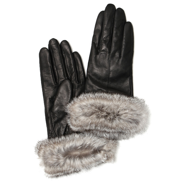 KURODA(クロダ) レディース手袋 イタリーラム ラビットファー付き 裏地カシミヤ50％ ブラック