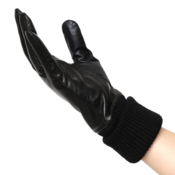  手袋 レディース 日本製 ブランド カシミア 100％ レザー グローブ ニットリブ 防寒 カシミヤ ブラック 黒 黒色 イタリーラム 上質 羊革 皮 手袋 リブ付 女性 上品 婦人 プレゼント 化粧箱付き 国産 KURODA(クロダ)