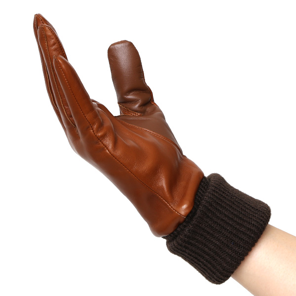  手袋 レディース 日本製 ブランド カシミア 100％ レザー グローブ ニットリブ 防寒 カシミヤ ブラウン 茶 茶色 イタリーラム 上質 羊革 皮 手袋 リブ付 女性 上品 婦人 プレゼント 化粧箱付き 国産 KURODA(クロダ)