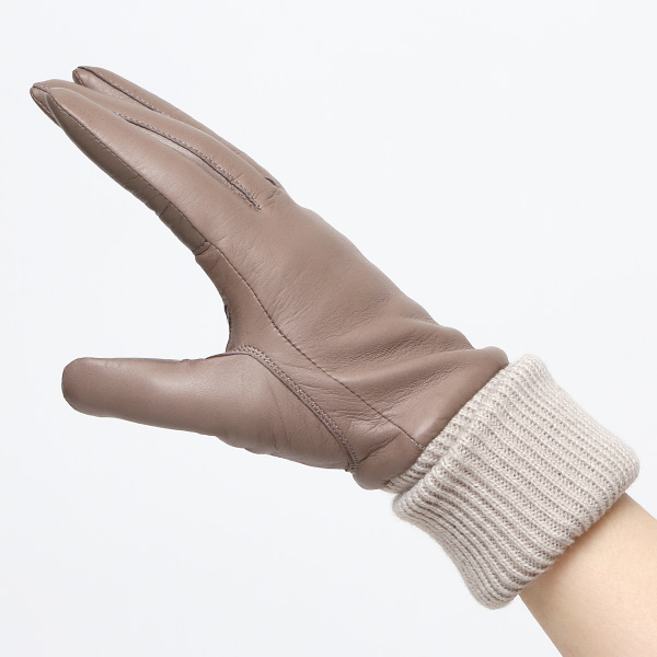  手袋 レディース 日本製 ブランド カシミア 100％ レザー グローブ ニットリブ 防寒 カシミヤ グレー グレイ 灰色 イタリーラム 上質 羊革 皮 手袋 リブ付 女性 上品 婦人 プレゼント 化粧箱付き 国産 KURODA(クロダ)