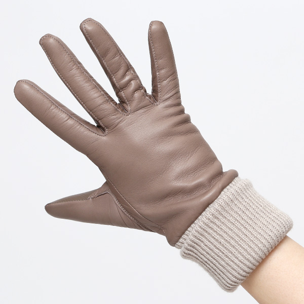  手袋 レディース 日本製 ブランド カシミア 100％ レザー グローブ ニットリブ 防寒 カシミヤ グレー グレイ 灰色 イタリーラム 上質 羊革 皮 手袋 リブ付 女性 上品 婦人 プレゼント 化粧箱付き 国産 KURODA(クロダ)