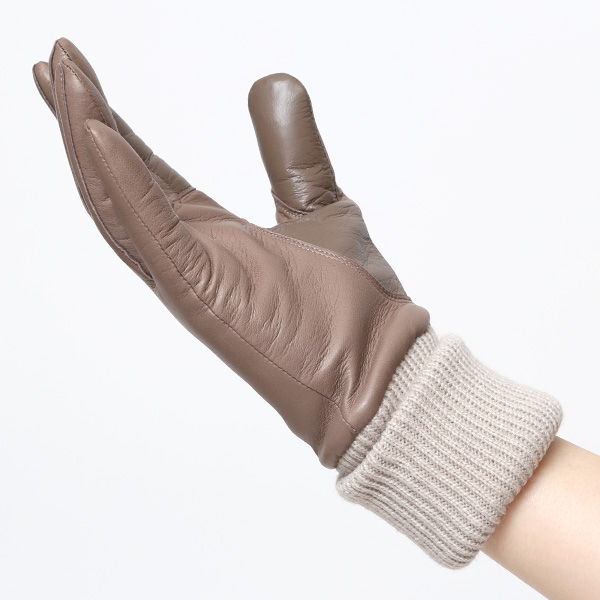 手袋 レディース 日本製 ブランド カシミア 100％ レザー グローブ ニットリブ 防寒 カシミヤ グレー グレイ 灰色 イタリーラム 上質 羊革 皮 手袋 リブ付 女性 上品 婦人 プレゼント 化粧箱付き 国産 KURODA(クロダ)