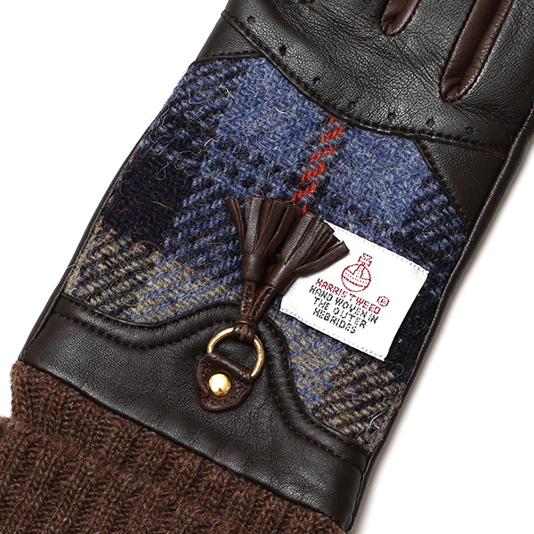  ハリスツイード 手袋 レディース タッセル付き ブランド レザー グローブ 女性 防寒 防風 本革 皮 ダークブラウン ブラウン 茶 茶色 英国 ハリスツイード生地 暖かい おしゃれ かわいい プレゼント ブランド 手袋 KURODA(クロダ)
