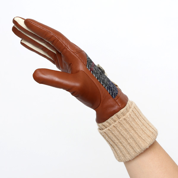  ハリスツイード 手袋 レディース タッセル付き ブランド レザー グローブ 女性 防寒 防風 本革 皮 キャメル ブラウン 茶 茶色 英国 ハリスツイード生地 暖かい おしゃれ かわいい プレゼント ブランド 手袋 KURODA(クロダ)