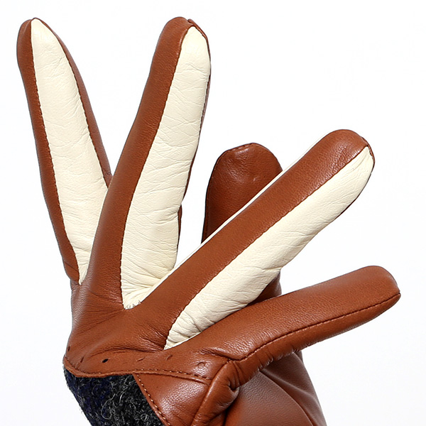  ハリスツイード 手袋 レディース タッセル付き ブランド レザー グローブ 女性 防寒 防風 本革 皮 キャメル ブラウン 茶 茶色 英国 ハリスツイード生地 暖かい おしゃれ かわいい プレゼント ブランド 手袋 KURODA(クロダ)