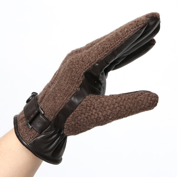  日本 手袋専門 ブランド ニット×本革 メンズ 手袋  ブラウン 茶 茶色 学生 社会人 ビジネス カジュアル スマホ タッチパネル 対応 男性用 紳士 暖かい チクチクしない
