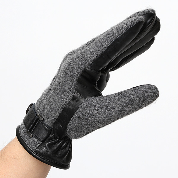  日本 手袋専門 ブランド ニット×本革 メンズ 手袋  グレー グレイ 灰色 学生 社会人 ビジネス カジュアル スマホ タッチパネル 対応 男性用 紳士 暖かい チクチクしない