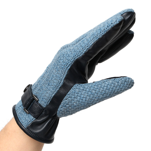  日本 手袋専門 ブランド ニット×本革 メンズ 手袋  ブルー ネイビー 青色 学生 社会人 ビジネス カジュアル スマホ タッチパネル 対応 男性用 紳士 暖かい チクチクしない