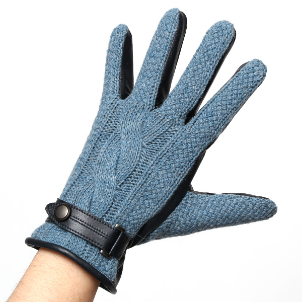  日本 手袋専門 ブランド ニット×本革 メンズ 手袋  ブルー ネイビー 青色 学生 社会人 ビジネス カジュアル スマホ タッチパネル 対応 男性用 紳士 暖かい チクチクしない
