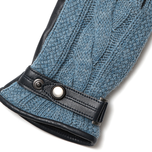  日本 手袋専門 ブランド ニット×本革 メンズ 手袋  ブルー ネイビー 青色 学生 社会人 ビジネス カジュアル スマホ タッチパネル 対応 男性用 紳士 暖かい チクチクしない