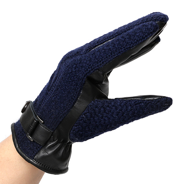  日本 手袋専門 ブランド ニット×本革 メンズ 手袋  ブルー ネイビー 青色 学生 社会人 ビジネス カジュアル スマホ タッチパネル 対応 男性用 紳士 暖かい チクチクしない