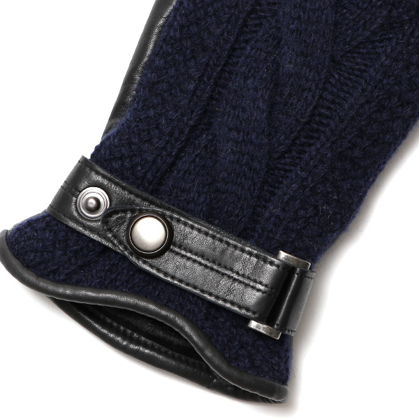  日本 手袋専門 ブランド ニット×本革 メンズ 手袋  ブルー ネイビー 青色 学生 社会人 ビジネス カジュアル スマホ タッチパネル 対応 男性用 紳士 暖かい チクチクしない
