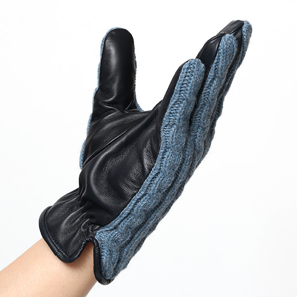  KURODA(クロダ) ニット 本革 手袋 メンズ 男性向け 仔羊革 ブルー ネイビー 青色 スマホ タッチパネル 対応 日本 手袋専門ブランド おしゃれ カジュアル ギフト プレゼント