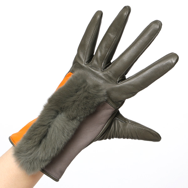  KURODA(クロダ) 高級 日本製 婦人 レッキスラビットファー 手袋 グリーン 緑色 イタリア製仔羊革 手袋専門ブランド ファッション おしゃれ グローブ 大人