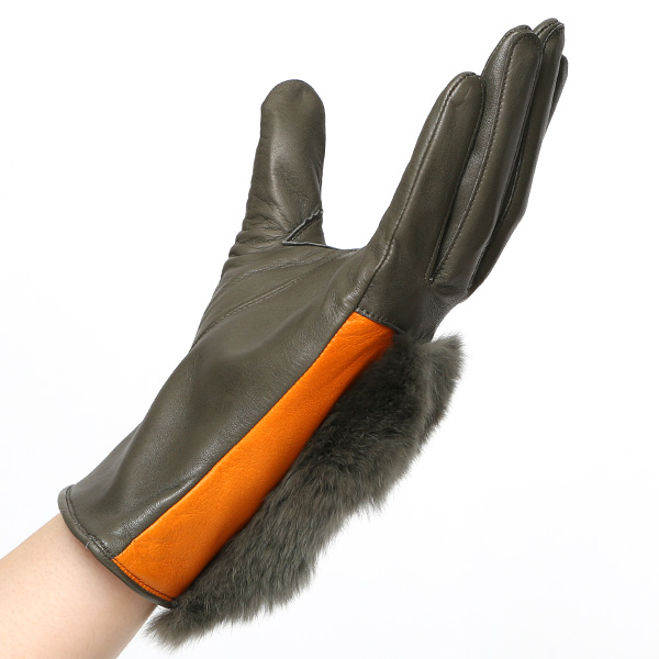  KURODA(クロダ) 高級 日本製 婦人 レッキスラビットファー 手袋 グリーン 緑色 イタリア製仔羊革 手袋専門ブランド ファッション おしゃれ グローブ 大人