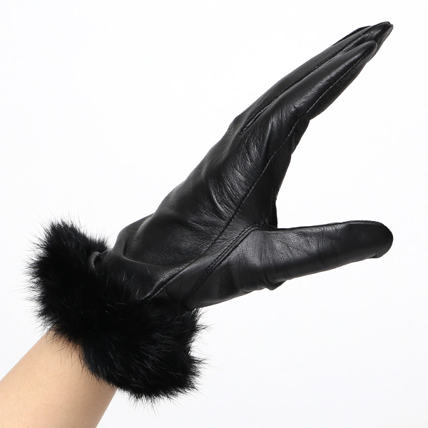  KURODA(クロダ) ラビットファー レディース 本革 手袋 ブラック 黒 黒色 女性 婦人 天然 ファー付き グローブ おしゃれ 高級 皮 てぶくろ 日本メーカー ブランド