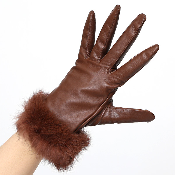  KURODA(クロダ) ラビットファー レディース 本革 手袋 ブラウン 茶 茶色 女性 婦人 天然 ファー付き グローブ おしゃれ 高級 皮 てぶくろ 日本メーカー ブランド